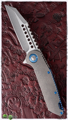 Marfione Custom Warhound Folder AP Finish Handle and Blade w/ Blue Ti HW SN003