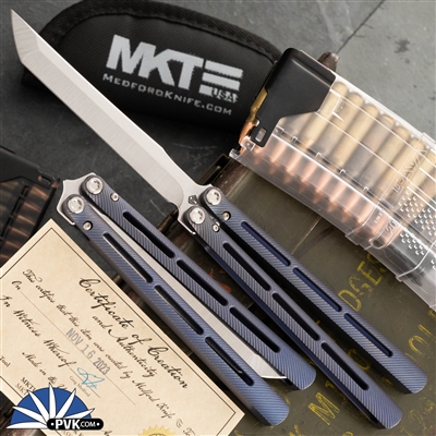 Medford Viceroy Tanto Tumbled Blade, Anodized Blue Handles, Silver HW