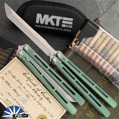 Medford Viceroy Tanto Tumbled Blade, Anodized Antique Green Handles, Silver HW