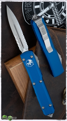 Microtech Ultratech D/E 122-5BL Satin Serrated Blade Blue Handle