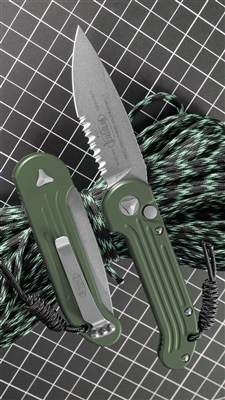 Microtech LUDT Auto 135-11APOD Apocalyptic, Satin Flats, Partial Serrated Blade OD Green Handle