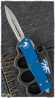 Microtech Troodon 138-11BL Stonewash Serrated Double Edge Blue Handle