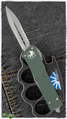 Microtech Troodon D/A 138-11 OD Stonewash Serrated Double Edge OD Green Handle