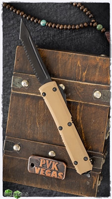 Microtech Ultratech T/E 123-3DLCTTAS Signature Series Full Serrated DLC Tanto Blade Tan G10 Top, Deep Engraved