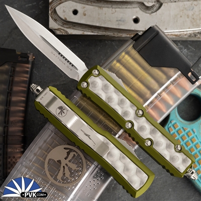 Microtech Daytona 126-10ODBIS Double Edge Stonewash Blade, OD Green Handle Stonewash Bubble Inlay.