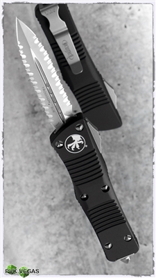 Microtech Troodon D/E 138-D6 Black Handle Satin Double Full Serrated Blade.