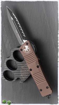 Microtech Combat Troodon D/A OTF 142-3TN D/E Full Serrated Black Blade Tan Handle