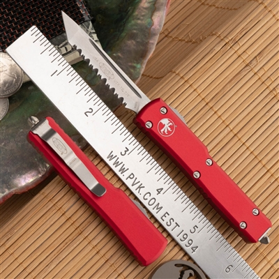 Microtech UTX-70 T/E Stonewash Blade Full Serrated Red Chassis