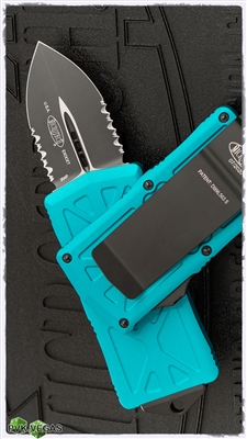 Microtech Exocet 157-2TQ Partial Serrated Black Blade Turquoise Handle