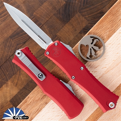 Microtech Hera II Mini 1702M-10RD Double Edge Stonewashed Blade, Red Handle