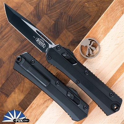 Microtech GLYKON 185-1T Tanto Black Blade, Black Overlay Black Handle Tactical