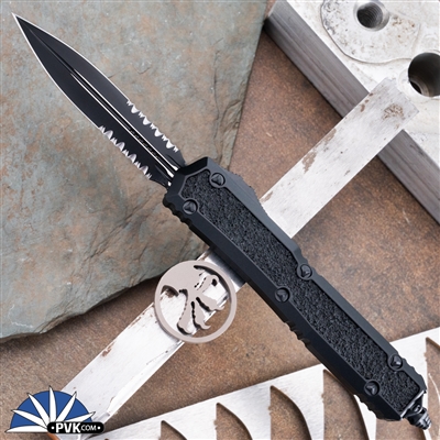 Microtech Makora 206-2TS Double Edge Black Partial Serrated Blade, Black Handle Grip Inlay Signature Series Tactical
