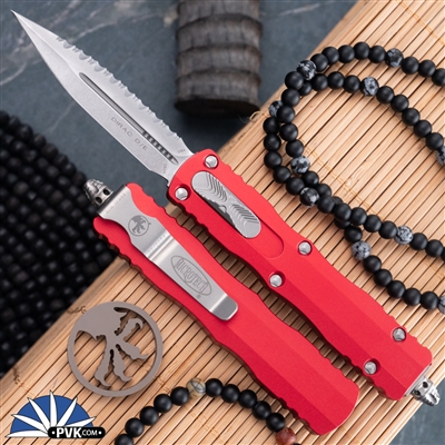 Microtech Dirac 225-12RD Stonewash Full Serrated Blade, Red Handle