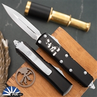 Microtech UTX-85 232-1SB Double Edge Dirty White Blade, Black Handle Steamboat Willie