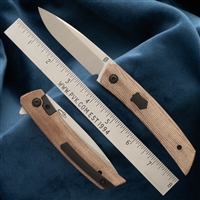 Jared Oeser F22 KickStop Flipper Knife M390 Machine Satin Blade Brown Micarta Handles Option 2 PVD Accents