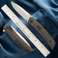 Jared Oeser F22 KickStop Flipper Knife M390 Machine Satin Blade Carbon Fiber Handles Option 2 PVD Accents