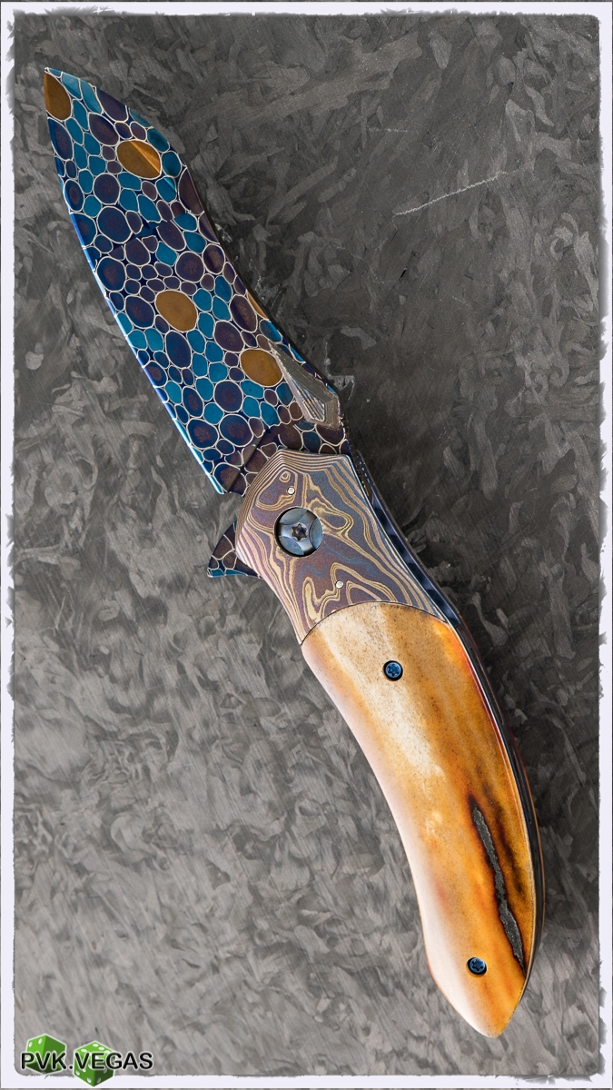 Peter Martin Knives QSB Flipper, Bubble Damascus, Stag
