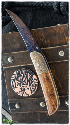 Prinsloo Theuns Hawkbill Linerlock Mokume Bolsters Mammoth Inlays Hot Blue Damascus Blade