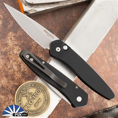 Protech Newport Auto 3405 Stonewash Blade, Black Handle