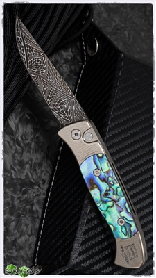 Protech Brend 2 Custom Bronze Titanium Frame 3D Clip  W/ Abalone Inlays & Mosaic Damascus Blade