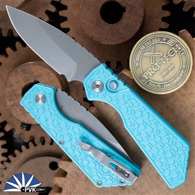 Protech Strider PT+ Stonewash Magnacut Blade, Tiffany Blue Gridlock Handles, Satin HW