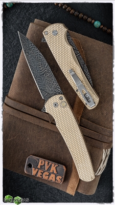 Protech Malibu 5111-DAM SW Textured Bronze Handle, Mosaic Button, C. Nichols Mosaic Damascus Wharncliffe Blade