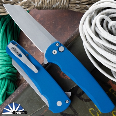 Protech Malibu 5401-Blue Reverse Tanto Flipper Stonewashed Magnacut, Blue Handle, Bead Blast HW