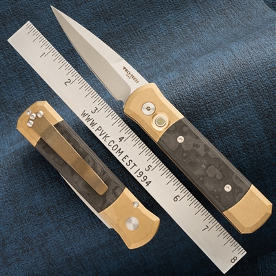 Protech Godson Auto 7114 Satin Blade Solid Bronze Handle Fat Carbon CF Inlay MOP Button