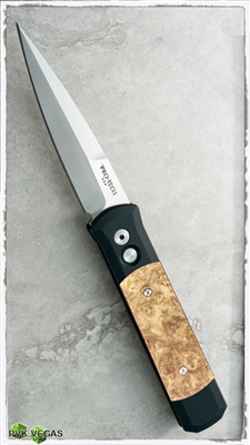 Protech Godfather Auto 906 Black Handle Maple Burl Satin Blade