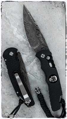 Protech TR-4 Custom Auto 4.81 Black Knurl Handle Titanium Clip .925 Silver Skull Inlay Pearl Button w/ Damascus Blade.