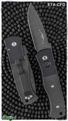 Protech Emerson CQC7 Auto Spear Point Damascus Carbon Fiber Inlay Button   Handle