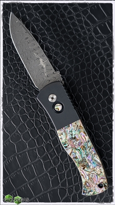 Protech Emerson CQC7 Auto E7A Drop Point Damascus Abalone Inlays Black Handle