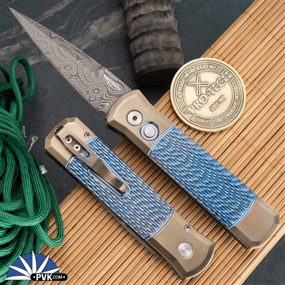 Protech Custom Godson Auto Texas 2024 Chad Nichols Damascus Blade, Two Tone Jigged Center Titanium Handle