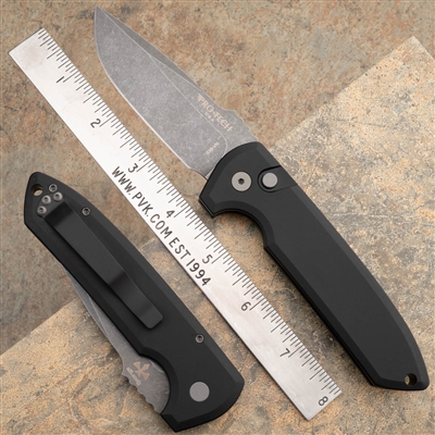 Protech/Les George LG311 Rockeye Auto S35VN Acidwashed Drop Point Blade Solid Black Aluminum Handle
