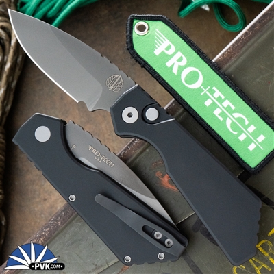 Protech Strider PT+ Smoky Grey DLC Magnacut Blade, Black Solid Handles, Blasted HW, Black Clip