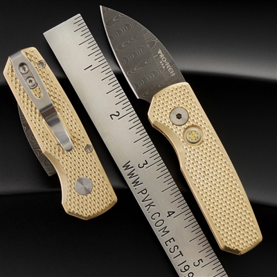 Protech Custom Runt 5 R5111-Textured Bronze Handle, Mosaic Button Chad Nichols Damascus Wharncliffe  Blade