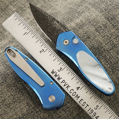 Protech Custom Sprint Blue Titanium Handle MOP Inlay & Button Spirograph Damascus Blade