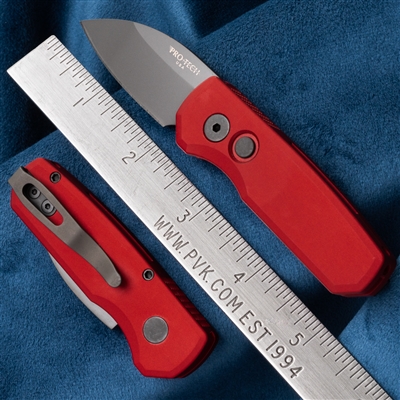 Protech Runt 5 DLC Black Wharncliffe Magnacut Blade Smooth Solid Red Handle R5303-RED