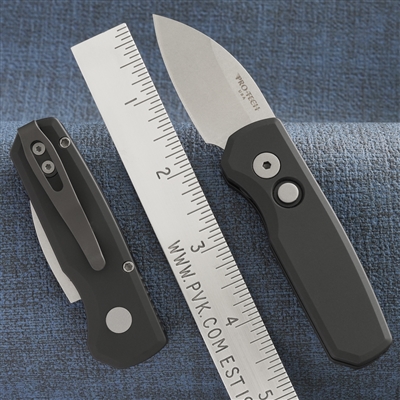 Protech Runt 5 Wharncliffe Stonewashed Magnacut Blade Smooth Black Handle R5301