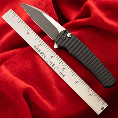 Protech Custom Malibu 2022-Malibu 02 CKS Manual Flipper Knife Black Textured Aluminum Handles MOP Button 2 Tone DLC Hand Ground Mirror Polished Mike Irie Blade