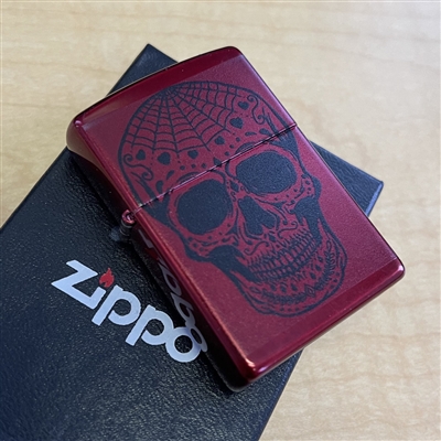 PVK VEGAS Zippo Lighter w/ Black Sugar Skull Candy Apple Red Finish