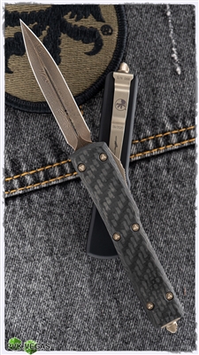 Microtech UTX-70 D/E Bronzed Damascus Blade LTD Ringed HW Carbon Fiber Top 147-16BRZCFS