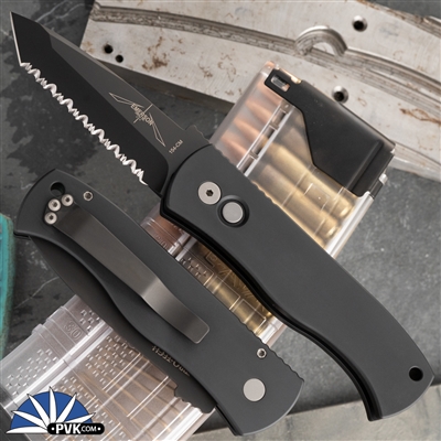 Custom REK Knives Protech Godfather Auto 920 Bead Blasted Full Serrated Blade, Black Handle