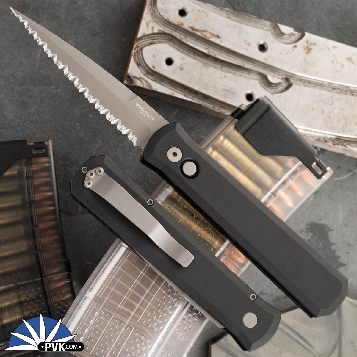 Custom REK Knives Protech Godfather Auto 920 Bead Blasted Full Serrated  Blade, Black Handle