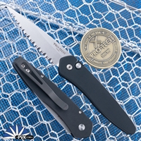 Custom REK Knives Protech Newport Auto 3405 Stonewash Full Serrated Blade, Black Handle