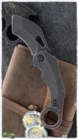 REVO Knives K9 Karambit Flipper, 3" Black Stonewashed Blade Recurve Tanto Blade, Stainless Steel Handles