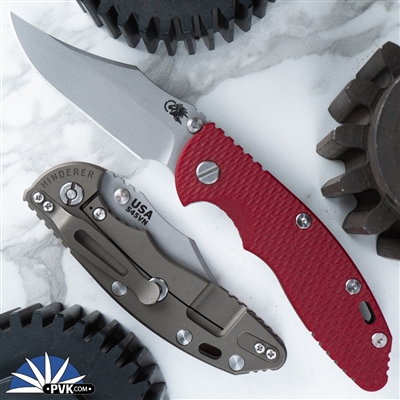 Hinderer XM-18 3.5â€³ Non Flipper, Bowie Working Finish S45VN Blade, Red G10 Scale, Battle Bronze Anodized Ti Frame