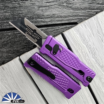 Reate EXO-U Gravity Knife, Razor Blade, Aluminum Diamond Pattern Purple