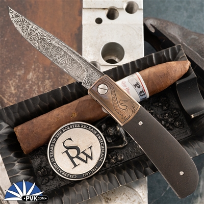 Richard S. Wright Ambidextrous Bolster Release Auto Mosaic Damascus Blade, Space Coral Carbon Fiber Scale Handle