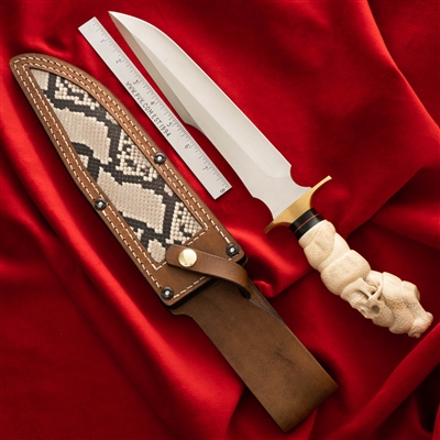 Reese Weiland Snake & Skull Bone Handled Fixed Blade Fighter, Satin 154CM With A Brown Ramos Custom Sheath